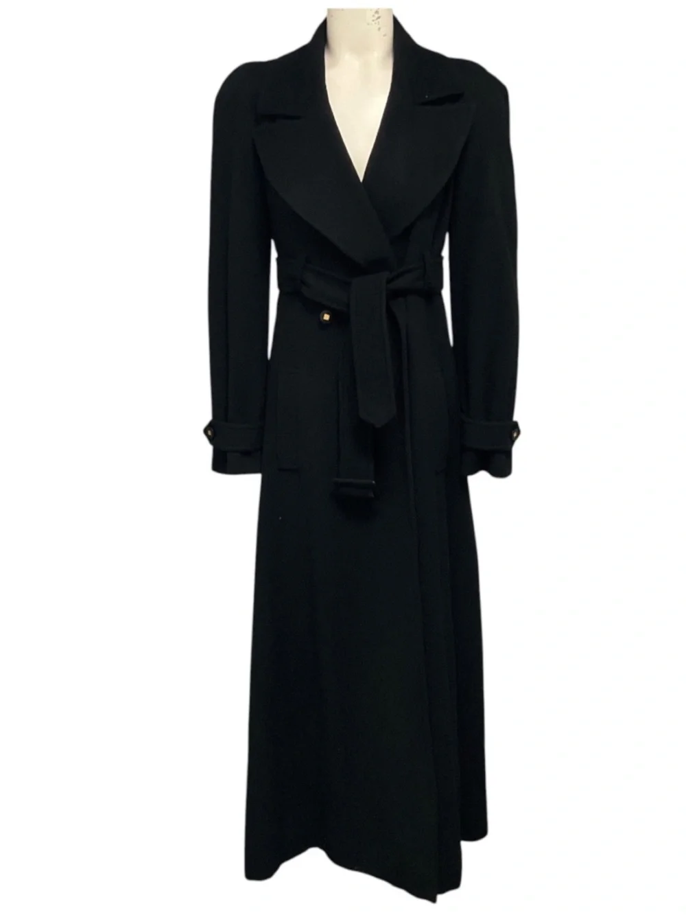 CHANEL BOUTIQUE VINTAGE BLACK DOUBLE BREASTED BELTED FULL LENGTH COAT WITH CC LO